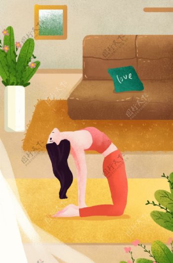 瑜伽女性休闲插画卡通背景素材