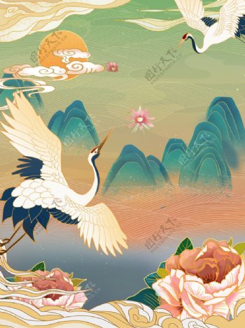 中国风手绘山水仙鹤图片