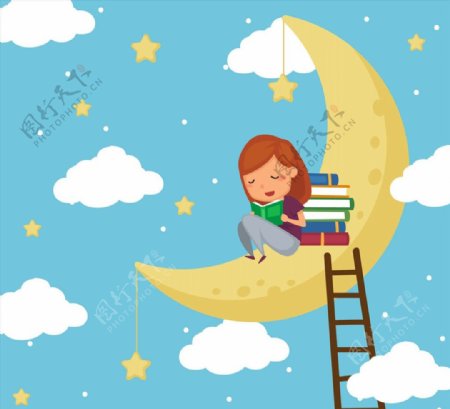 月亮上读书的女孩图片