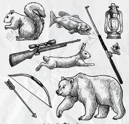手绘森林动物和狩猎武器图片