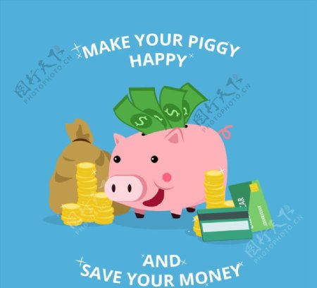 小猪存钱罐和钱币图片