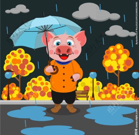 雨中撑伞的猪图片