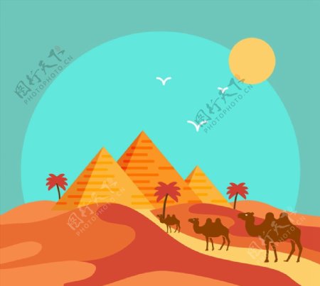 沙漠金字塔和骆驼图片