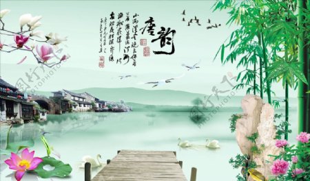 荷花竹子牡丹背景墙图片