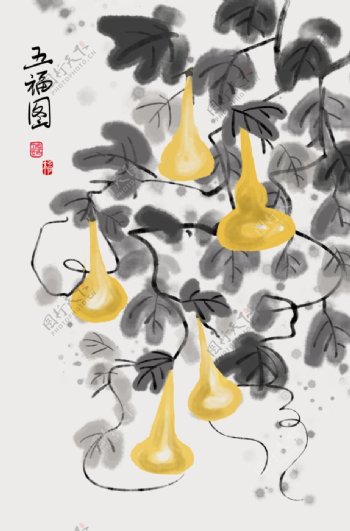中式葫芦藤淡彩水墨画装饰画图片