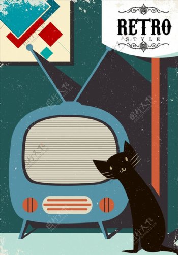 复古电视和黑色猫咪图片
