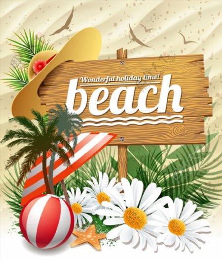 沙滩木牌和花卉图片