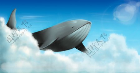 彩色动漫插画鲸鱼天空图片