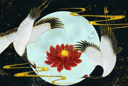 仙鹤花朵复古传统背景海报素材图片