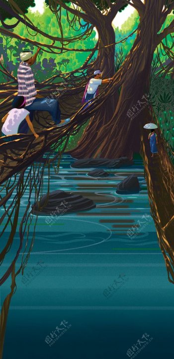森林河流卡通插画场景背景素材图片