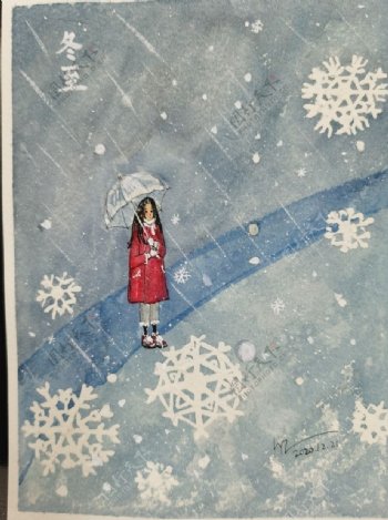 雪中的姑娘水彩手绘图片